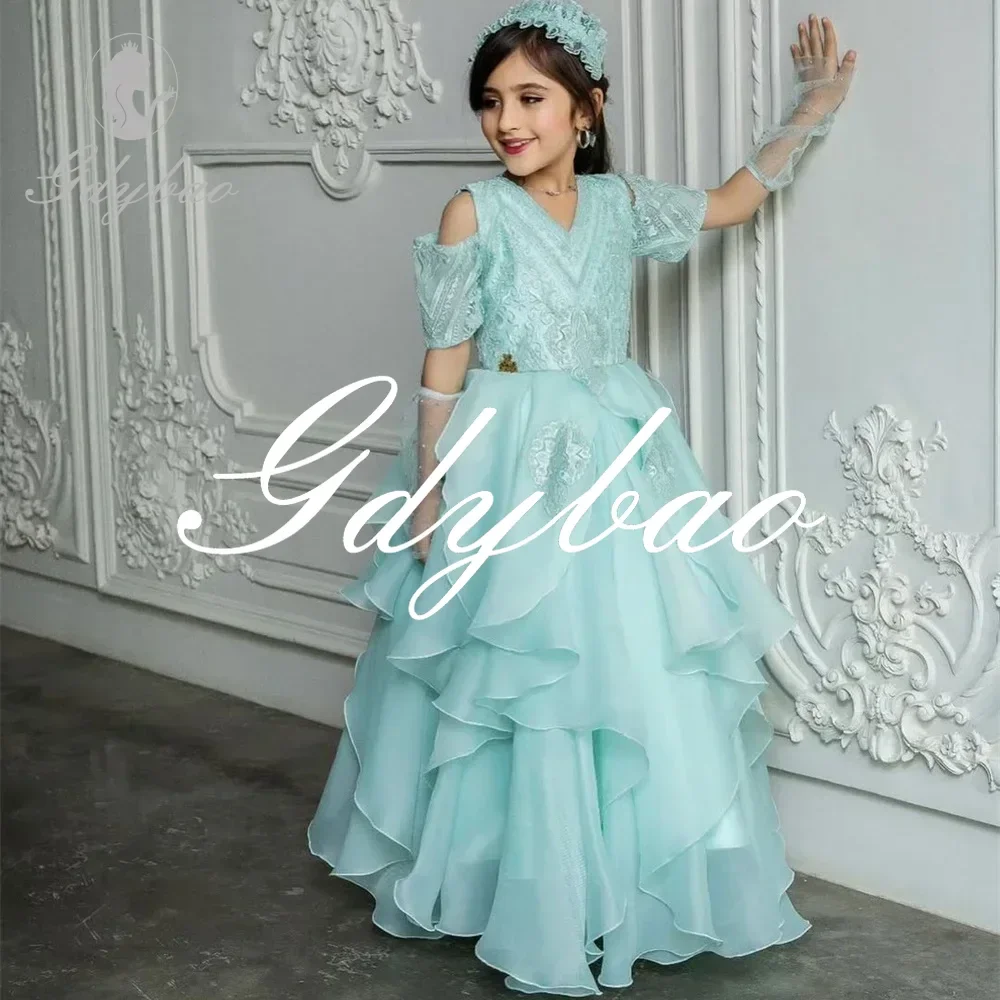 Applique Luxury V Neck Classic Wedding Party Flower Girl Dress Short Sleeve Pleat Long Ball First Communion Gown Customized