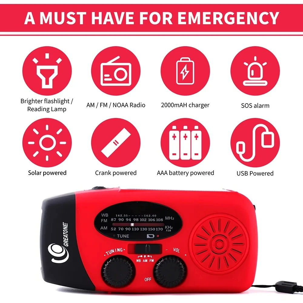 Outdoor Camping Emergency Solar Hand Crank Dynamo Weather Radio FM/AM/NOAA 2000Mah USB Phone Charger Power Bank LED Flashlight