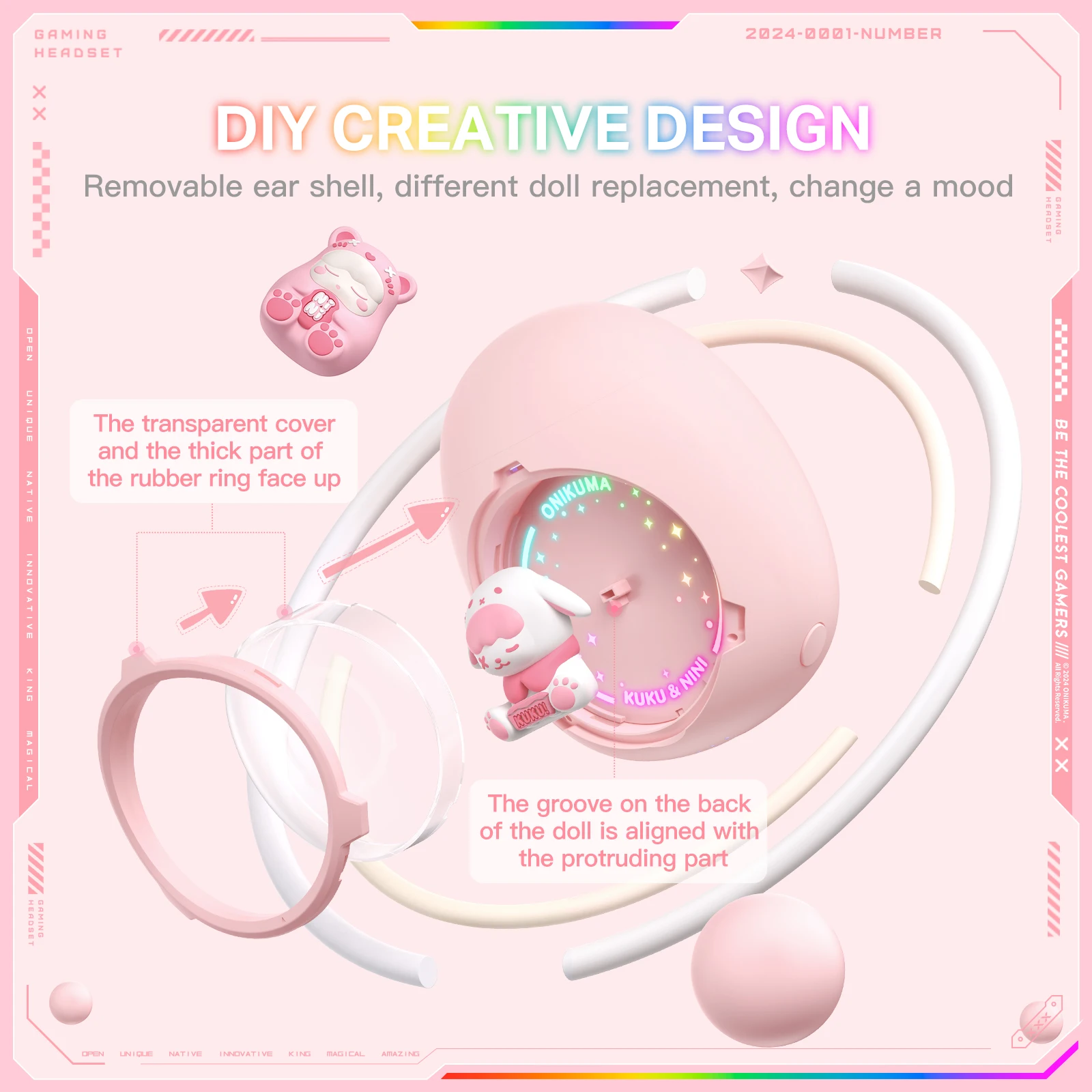 ONIKUMA T302 سماعات الرأس اللاسلكية الجديدة اللطيفة للحيوانات الأليفة BT: شبه داخل الأذن للنساء، إلغاء الضوضاء، الموسيقى/الرياضة/الألعاب، #3