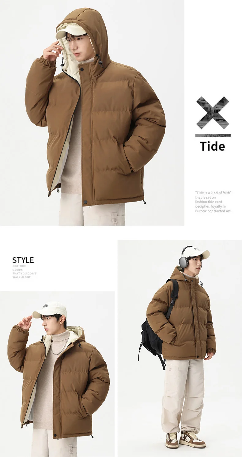 Winter Solid Color Hooded Parkas for Men New Style Comfortable Warm Cotton Coats Fashion Thicken Outerwear Outdoor Windproof