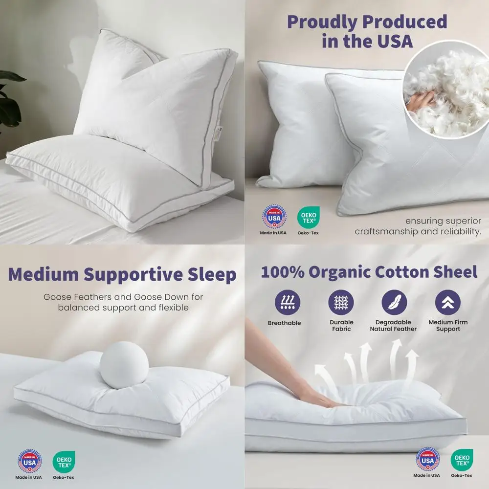 

King Size Luxury Goose Down Pillow Set of 2 - American Made, Premium 500 Thread Count Cotton Gusseted Hotel Style Pillows