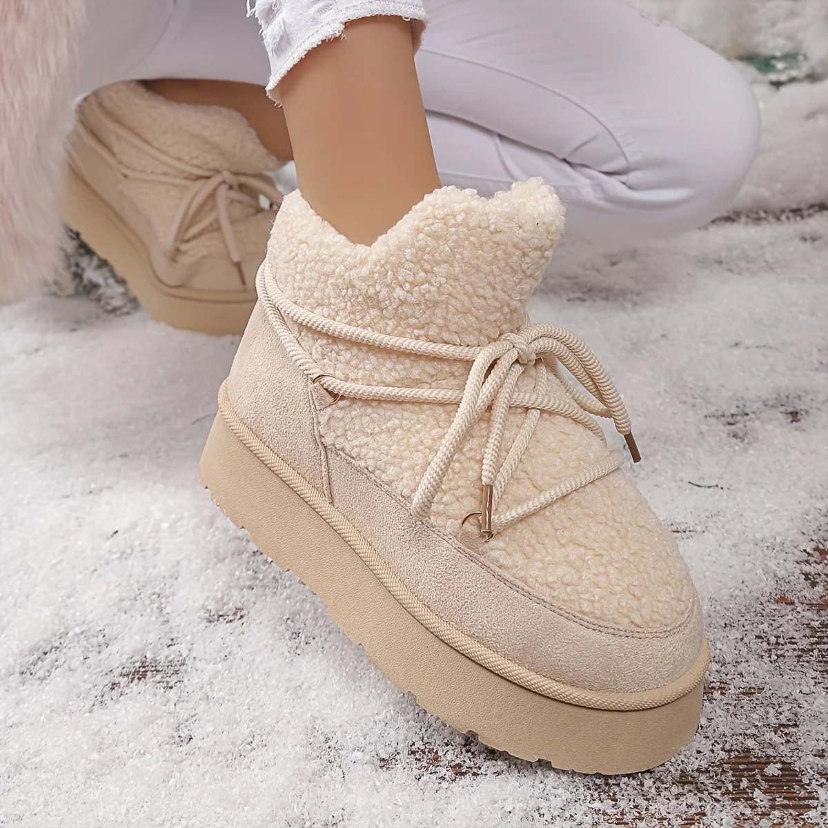 أحذية الكاحل للسيدات، 2025 أحذية شتوية ترفيهية جديدة قصيرة من الصوف بنعل سميك