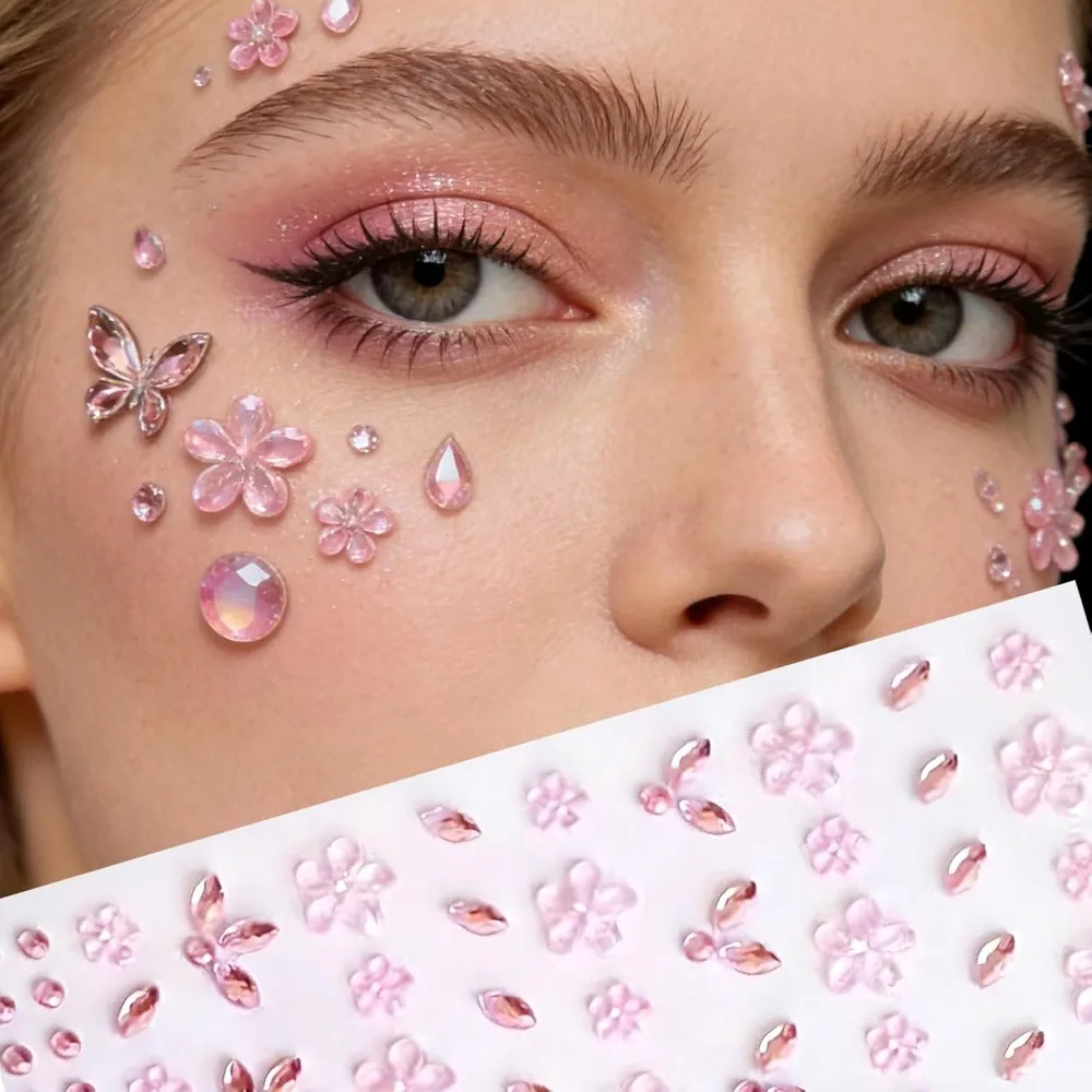 New Flower Face Sticker Pure Color Self-Adhesive Rhinestones Face Jewelry Decals Makeup Decoration Festival Halloween Cosplay