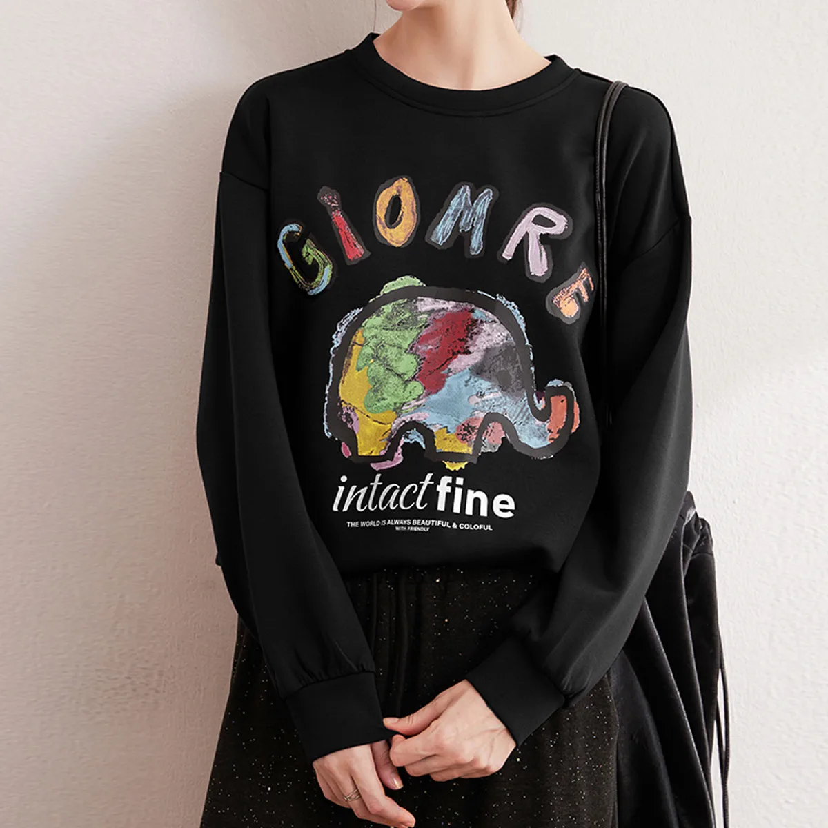  LOUIS YAO Lazy Style Graffiti Sweatershirt 2025 Autumn Contrast Colo Loose Hoodies Round Neck Long Sleeve Top Chic Wear
