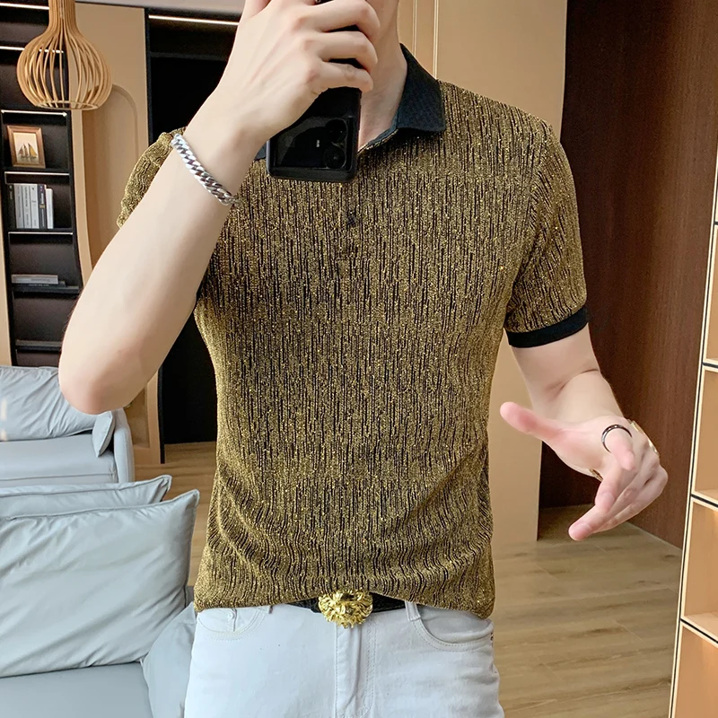 

Metal Wire Blends Elastic Polo Shirts For Men Short Sleeve Silky Summer Cool Quality Soft Comfortable Slim Fit Camisas De Hombre