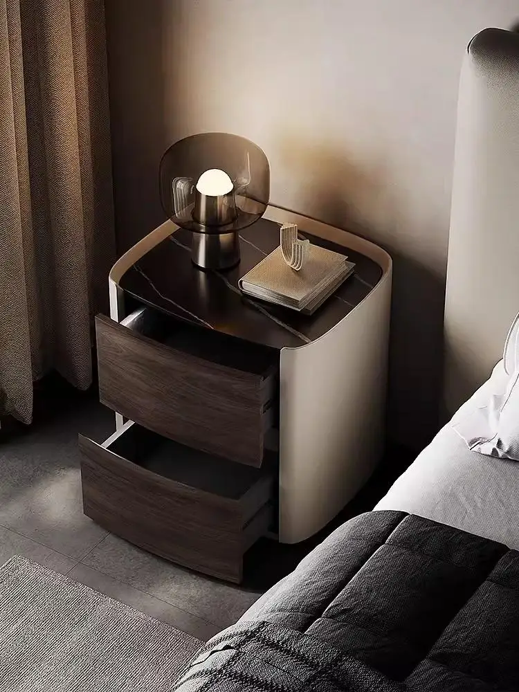 Italian minimalist high-end solid wood bedside table, modern minimalist light luxury bedroom, rock board bedside cabinet