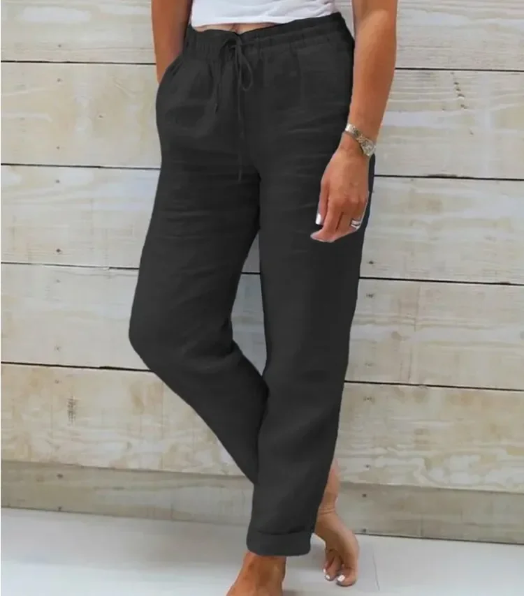 Women High Waist Elastic Waist Solid Cotton Linen Casual Long Straight Pants