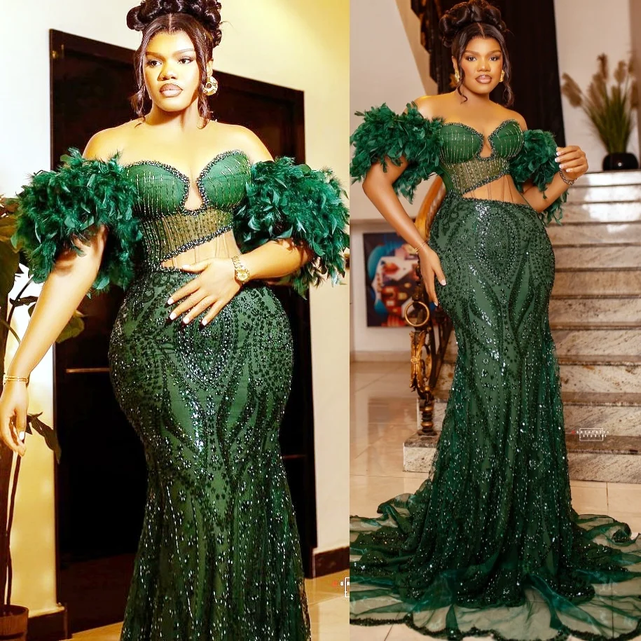 Dark Green Feather Beaded Sheer Neck Prom Dress 2026 Sequined Evening Formal Party Birthday Gown ZJ26111