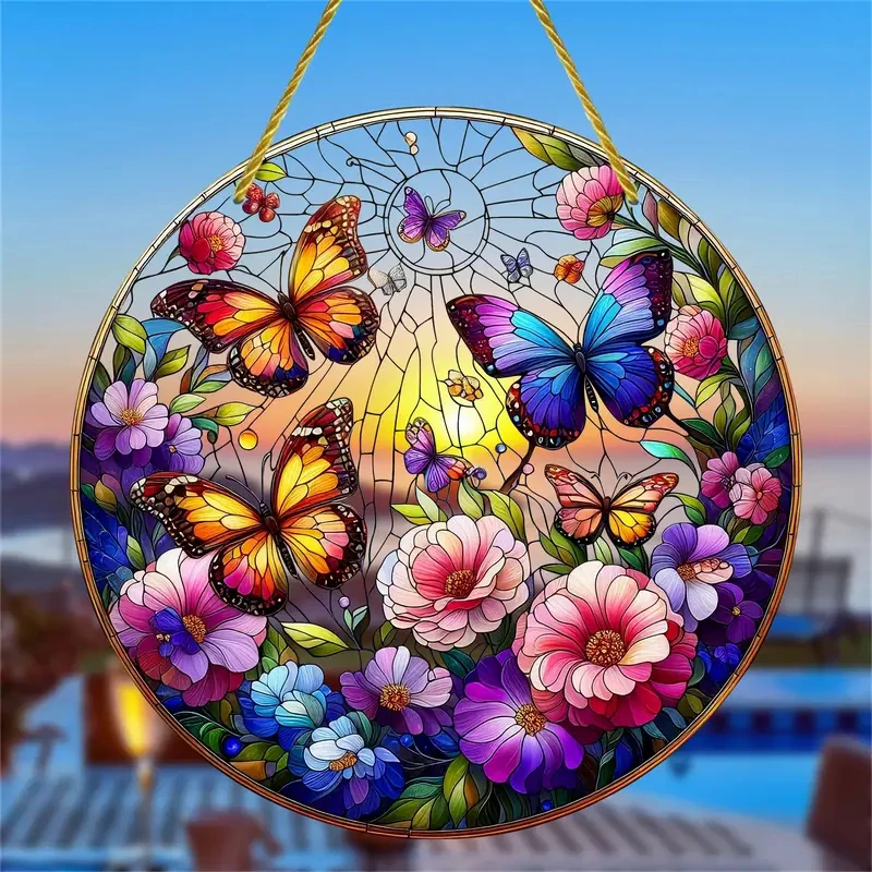 Butterfly&Flowers Suncatcher Acrylic Round Translucent Stained Glass Window Hanging-courtyard,Patio,Garden,Room Decor.Ideal Gift