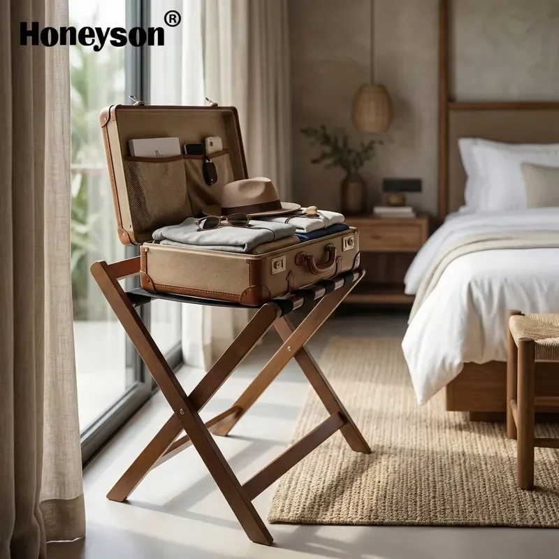 Customized 5-star hotel room supplies portable wooden luggage rack advanced one-stop solution