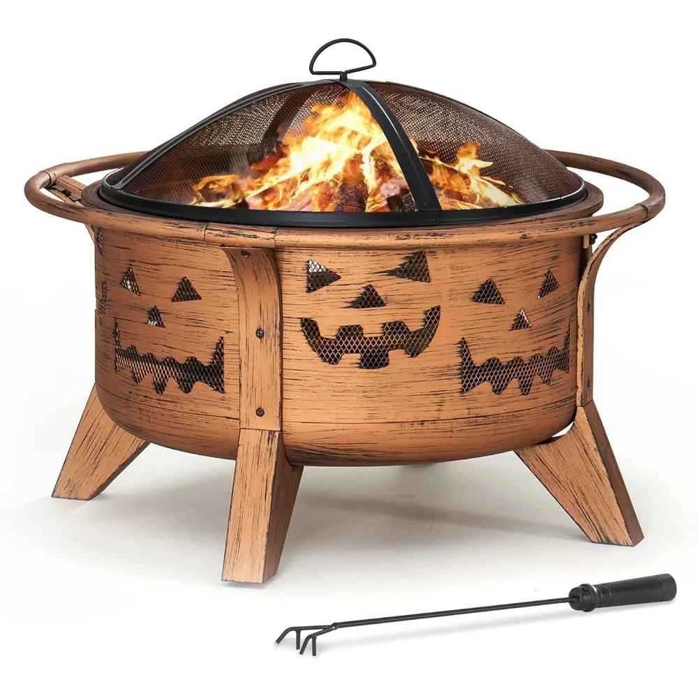 

Fire Pit 30 in. Outdoor Wood-Burning Fire Pit, Patio Jack-o-Lantern Motif Round Steel Firepit Large Fire Pits