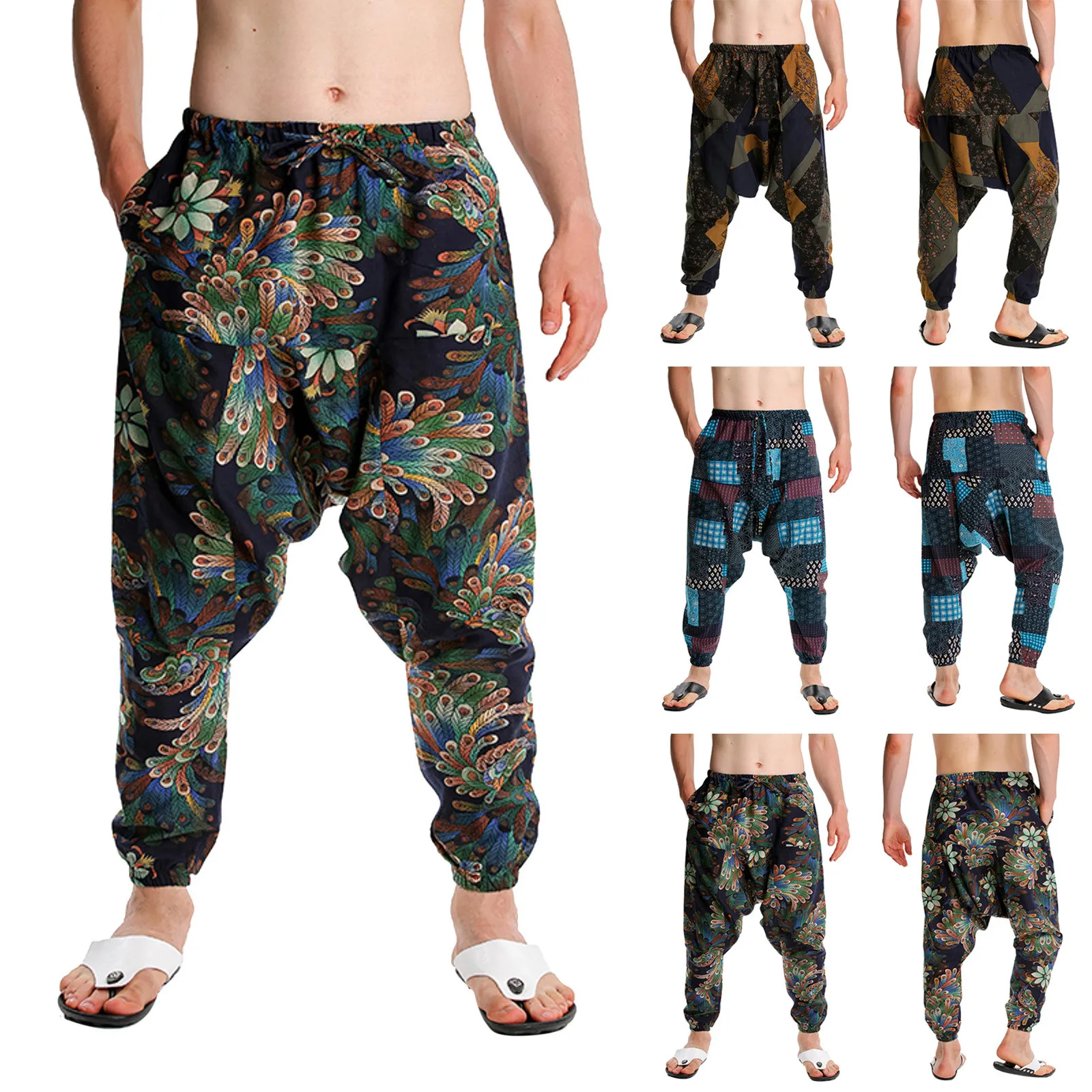 

Men's Stylish Peacock Print Harem Baggy Genie Boho Pants Casual Cotton Yoga Drop Crotch Sweatpants Hip Hop Traditional Trousers