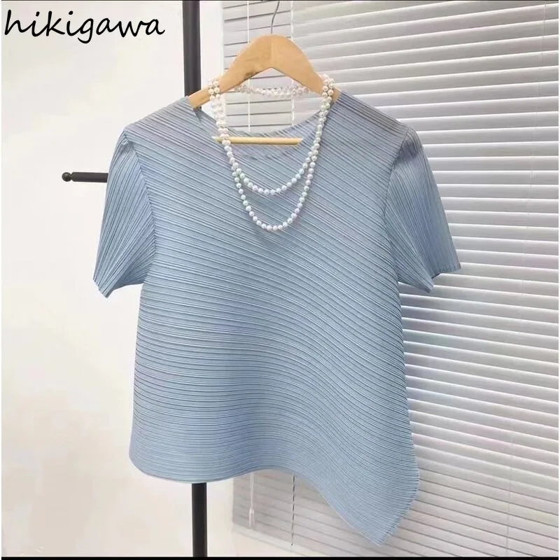 Summer Blouse Women Clothing Short Sleeve O-neck Folds Shirts 2024 Blusas Mujer De Moda Korean Vintage Loose Solid Color Tops