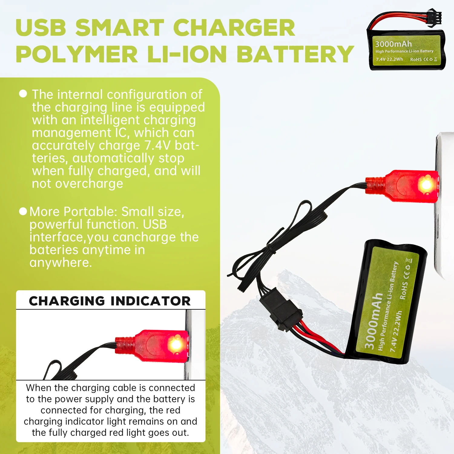 2PCS 7.4V 3000mAh 15C 2S SM-4P Plug Li-ion Battery With USB Charging Cable For EC08 DE85 RC Car, Truck Ship Drone Backup Battery