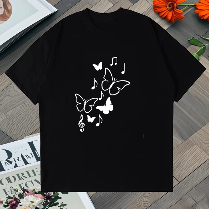 

High Quality Crew Neck Short Sleeve T-Shirt with Butterfly Music Print Soft Regular Fit Top Men Women Cotton vintage Tee shirt