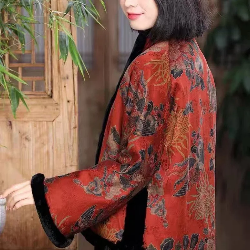 النمط الصيني الرجعية الأزهار طباعة سترة المرأة الخريف الشتاء فضفاضة رشاقته المرأة أبلى معطف القطن عادية كم طويل #6