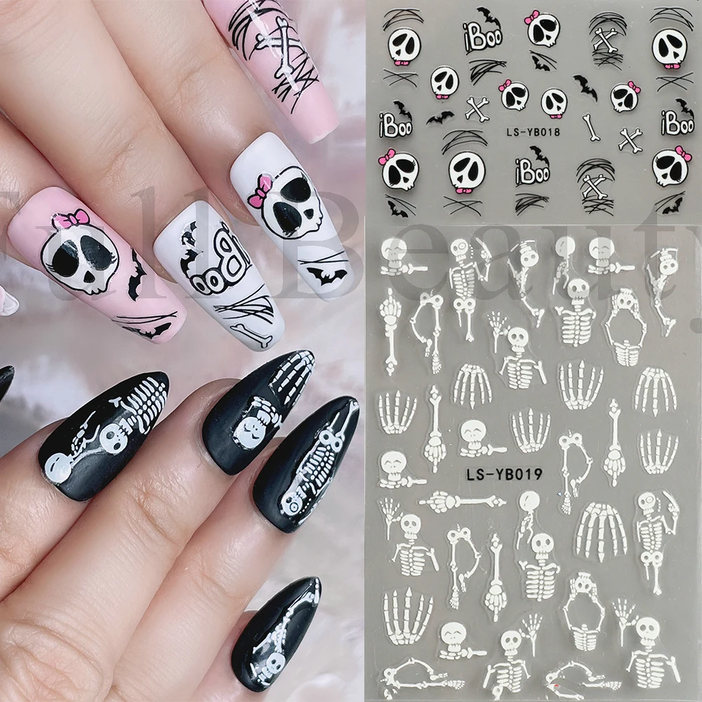 Luminous Nail Stickers Glow In Dark Halloween Nail Art Decoration Cartoon Skull Ghost Sliders Bones Spider Decal Tattoo GLYB-018