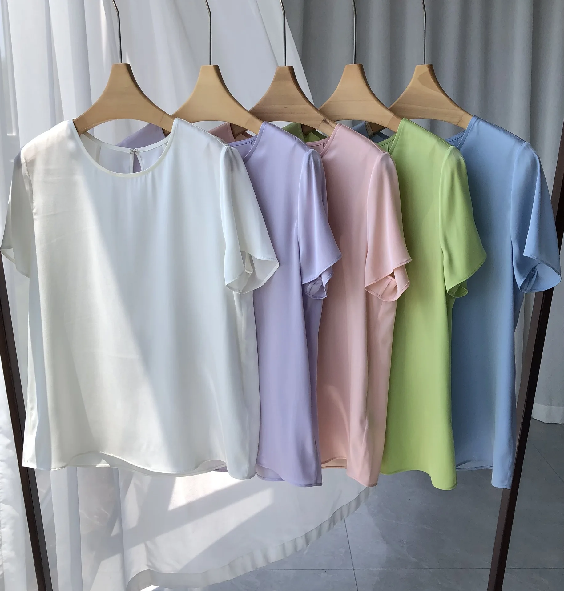 2023 Spring Summer Chic Women's High Quality 92%Silk T-shirt Hot Fashion OL Elegant Tee Tops C494