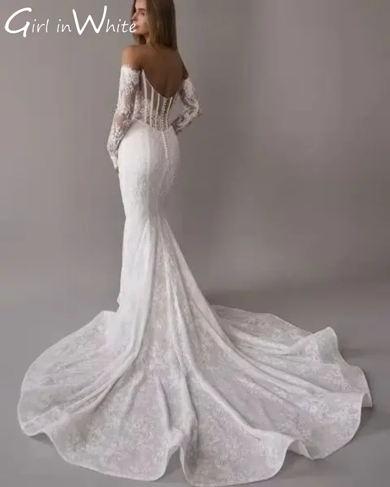 Abiti da sposa con strascico lungo staccabile a sirena in pizzo di lusso 2025 Abiti da sposa con maniche lunghe senza schienale con scollo a cuore personalizzati per le donne