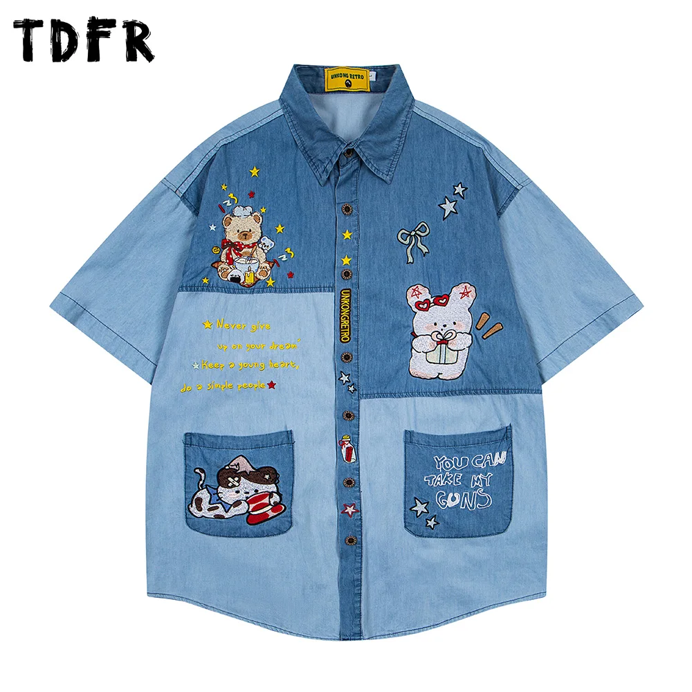 

Cartoon Embroidery Denim Shirts Mens Pocket Patchwork Summer Retro Casual Loose Lapel Single Breasted Short Sleeve Shirts