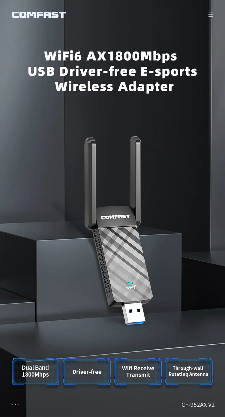 Comfast WiFi6 AX USB Adapter 1800Mbps 2.4G&5G Dual Band USB 3.0 WiFi 6 Wireless Network Card PC Transmitter Receiver Win10/11