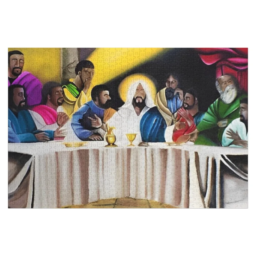 

Афроамериканское шедевральное произведение: пазл-головоломка с цветной фотографией портрета Иисуса из картины «Тайная вечеря».