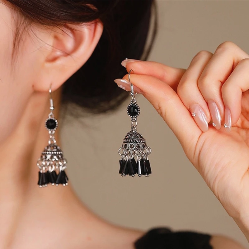 Vintage Ethnic Black Tassels Earrings Retro Bell Tassel Carved Drop Earring Women's Boho Jewelry brincos femininos tendência