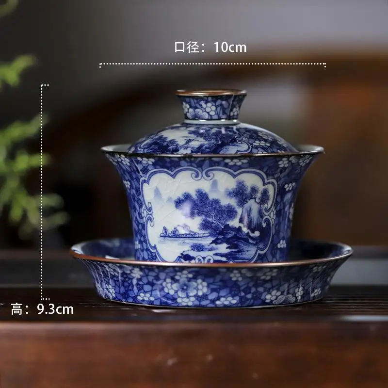 

Chai Kiln Old Clay Tureen Prunus Mume Window Painting Blue and White Gaiwan Ceramic Household Tea Brewing Bowl with Cover