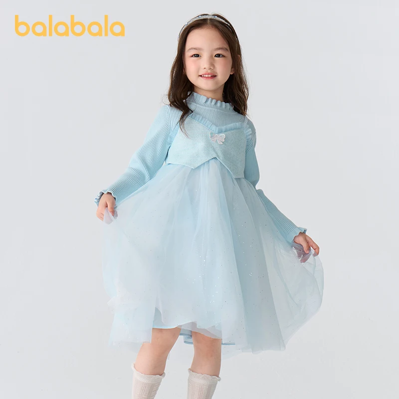 Balabala Children's Clothing Girls' Dress 2025 Autumn - Winter Baby Fake Two - piece Mesh Children's Princess Dress