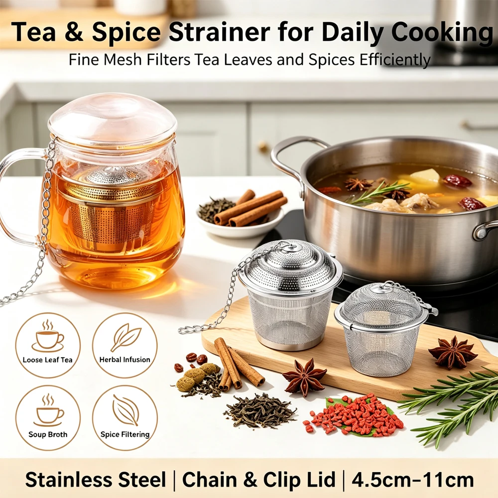 1/2/3Pcs Stainlesss Steel Mesh Herbal Ball ,Reusable Tea Spice Strainer Teakettle Locking Tea Filter Seasoning Ball 4.5-11cm