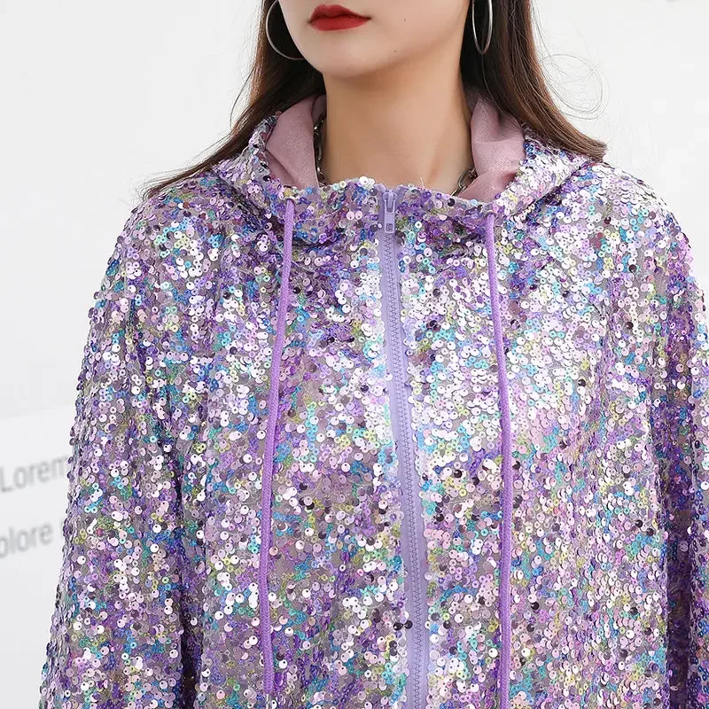 Shiny Women Sunscreen Purple Sequined Bomber Jacket Beading Hooded Coat Long Sleeves Sunscreen Cardigan Zippers Streetwear Tops