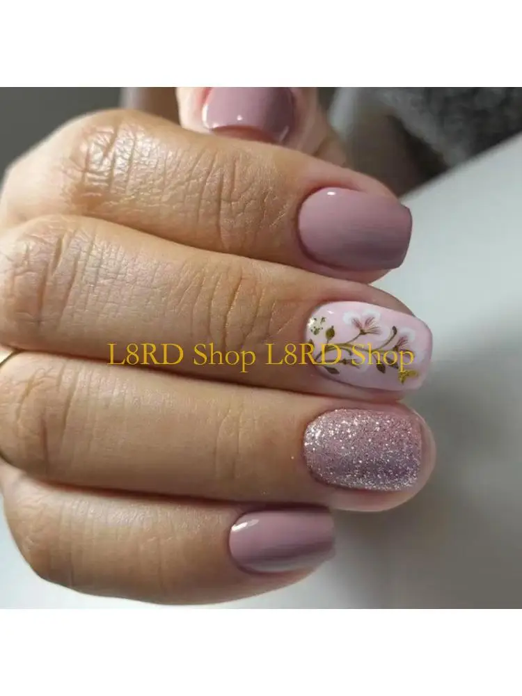 L8RD 24 Pcs Artificial Short Square Press On Flowers False