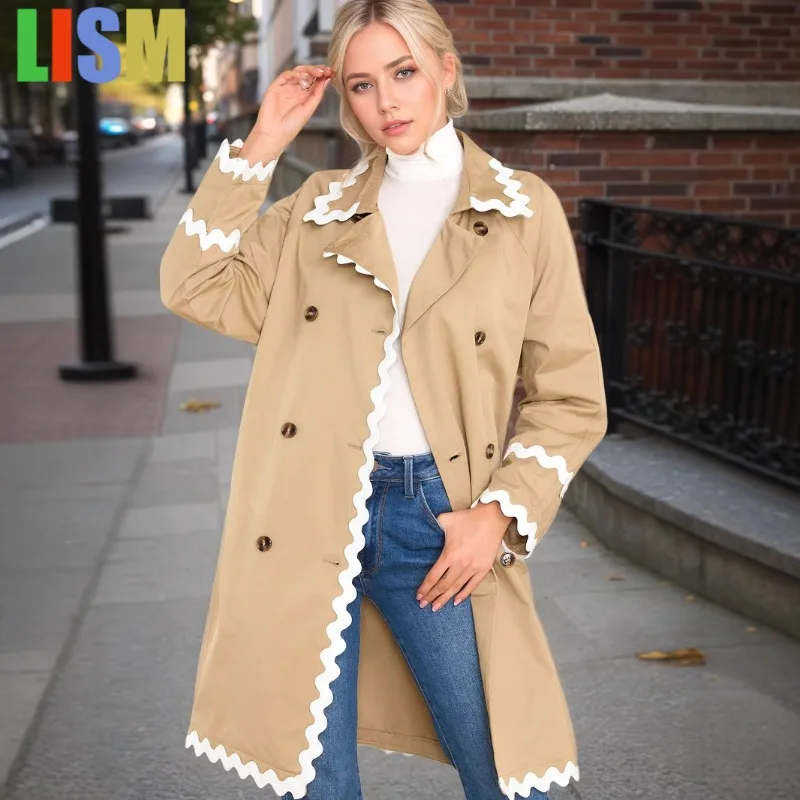 

LISM Верхняя одежда 2025 г., повседневная длинная ветровка с отложным воротником, женская куртка на шнуровке, женское зимнее пальто с карманами на пуговицах