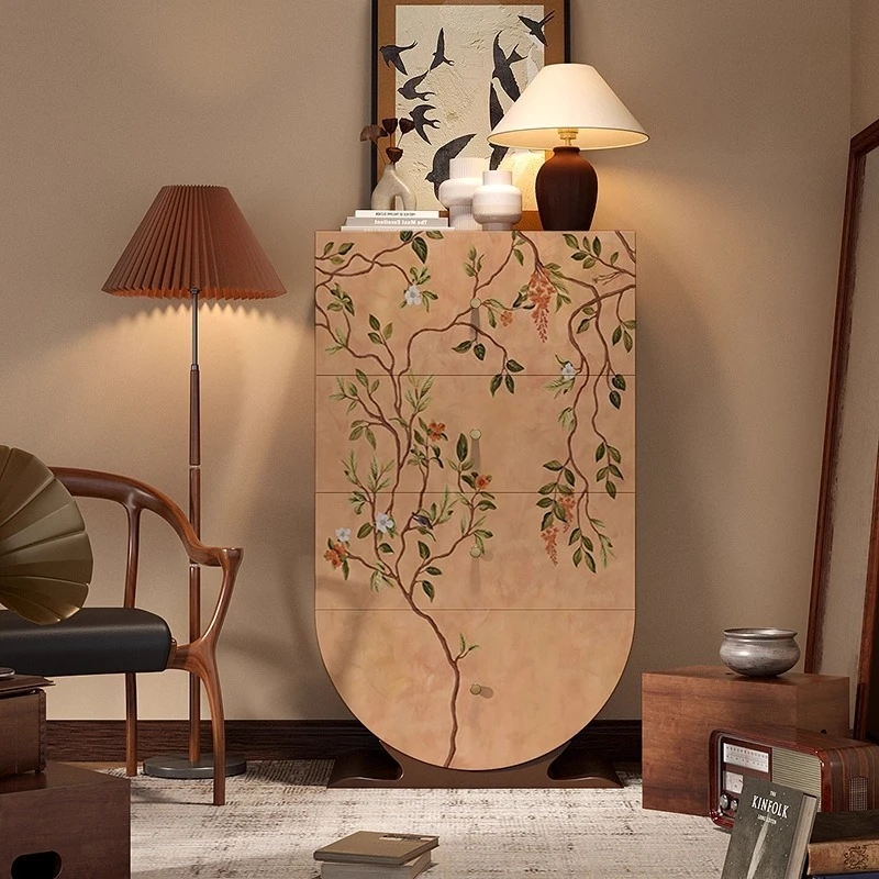 Retro style plant flower solid wood four chest cabinet living room against the wall storage drawer cabinet
