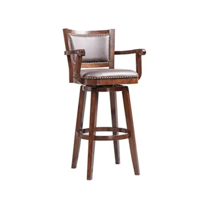 High Back Swivel Wood Bar Stool com braços, acabamento Cappuccino, bancada para cozinha, altura extra de barra alta, 34"