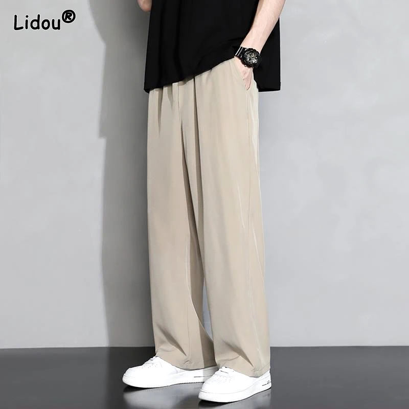 

2023 Men's Clothing Sports Solid Color Office Elastic Waist Loose Man Straight Fashion Casual Thin Spring Summer Pockets Pants