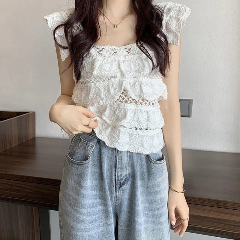 Vintage Chic Fashion Women Hollow Out Floral Embroidery Sleeveless Bohemian Knitted Cotton Tops Beach Tassel Boho Camis