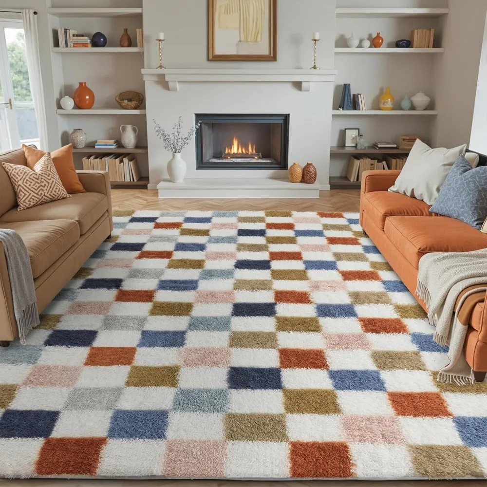 

Checkered Rug 8x10 for Living Room, Modern Rainbow Shag Rug Washable Non-Slip Large Area Rug Super Soft Indoor Fuzzy Carpet Fluf