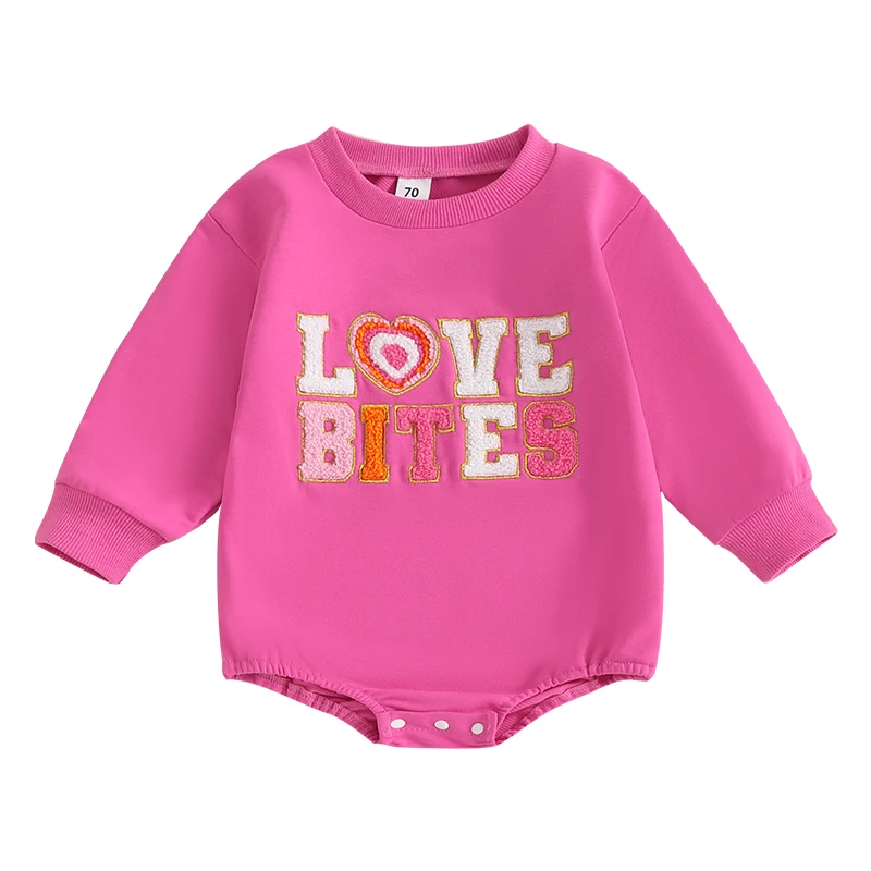 Baby Girl Sweatshirt Romper Letter Heart Embroidered Long Sleeve Round Neck Valentine's Day Jumpsuits