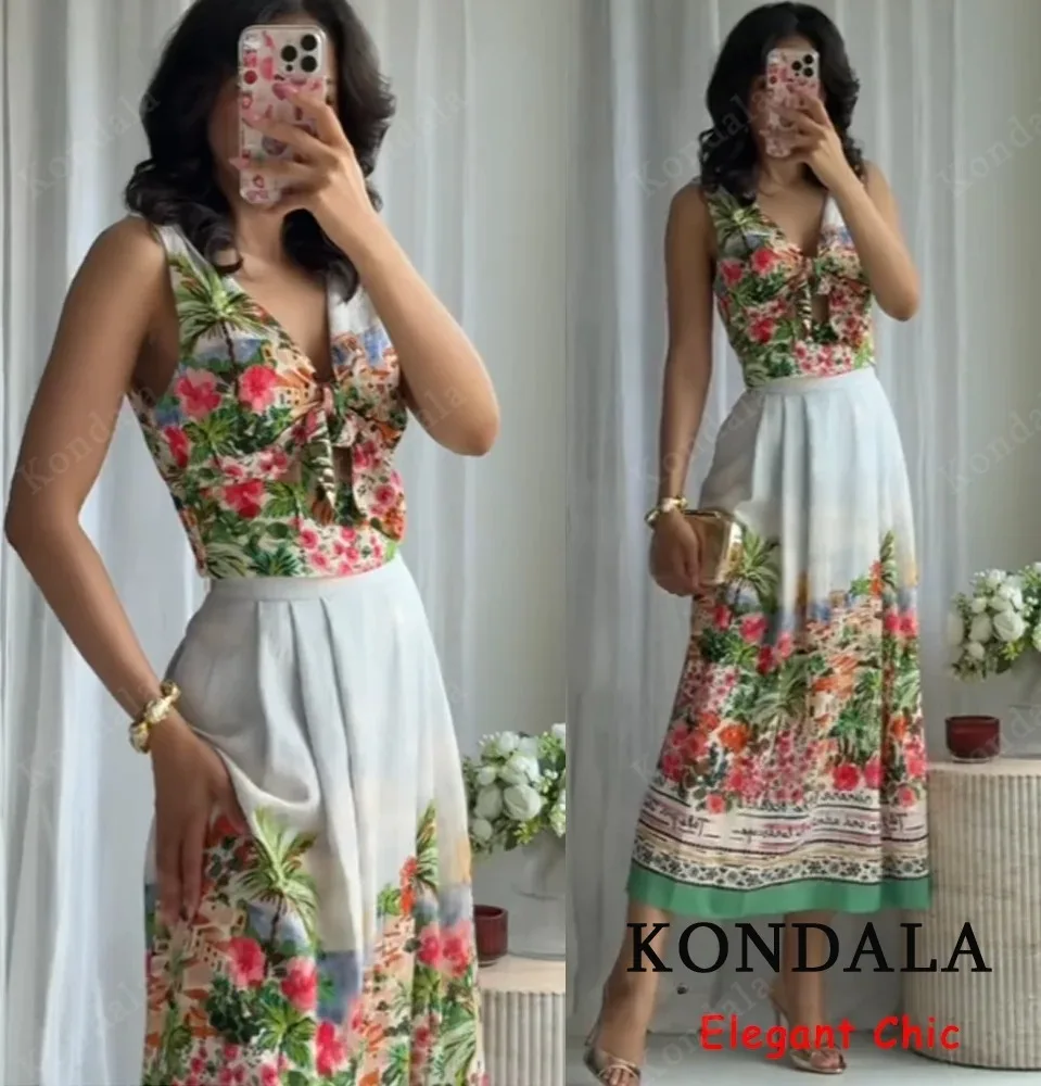 Set di gonne stampate per le vacanze estive Set da donna con scollo a V con fiocco o gonna a pieghe 2025 Set da donna elegante per le vacanze estive