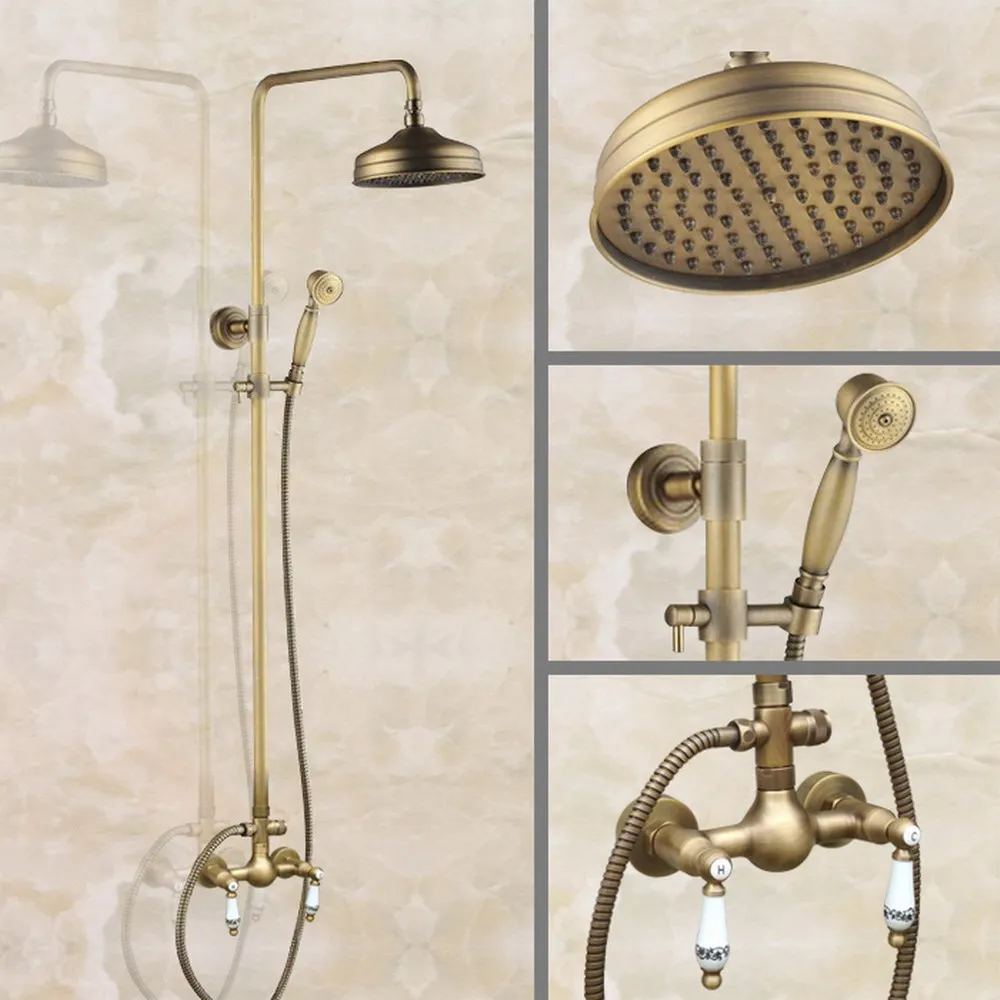 

Antique Brass Bathroom Rainfall Shower Faucet Set Mixer Tap With Hand Sprayer Wall Mounted