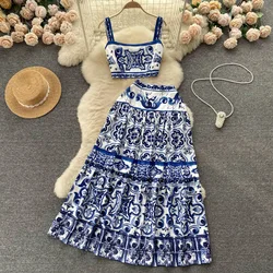 JAMERARY Summer Runway Blue And White Porcelain Two Piece Set Women Flower Print Short Crop Top + Holiday Beach Maxi Skirt Suits