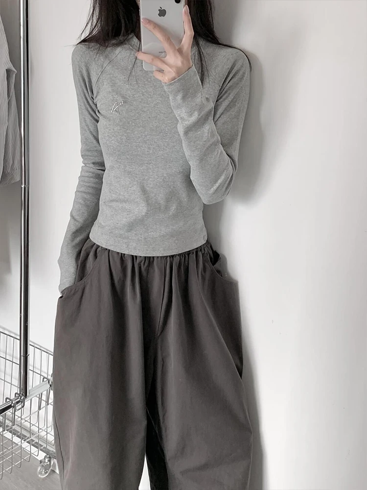 ay المطرزة oulder إدراج طويل Sve تي شيرت المرأة خريف 2024 جديد Sle التخسيس قاعدة طبقة علوية مزيج القطن