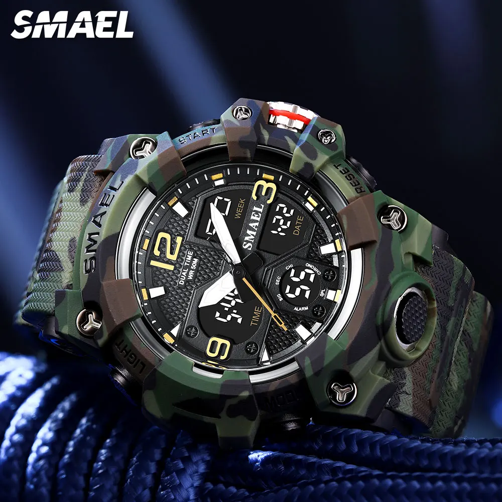 SMAEL Dual Time Sport Watch for Men Fashion Waterproof Quart Digital Wristwatch Alarm Clock LED Backlight Calendar Watches 8008