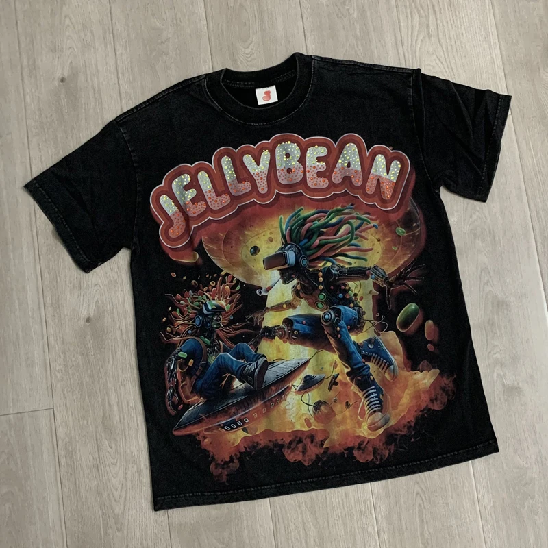 New Summer Trend Jellybean Nuke Top Vintage Washed Black Print Glittering Sequins Short Sleeves