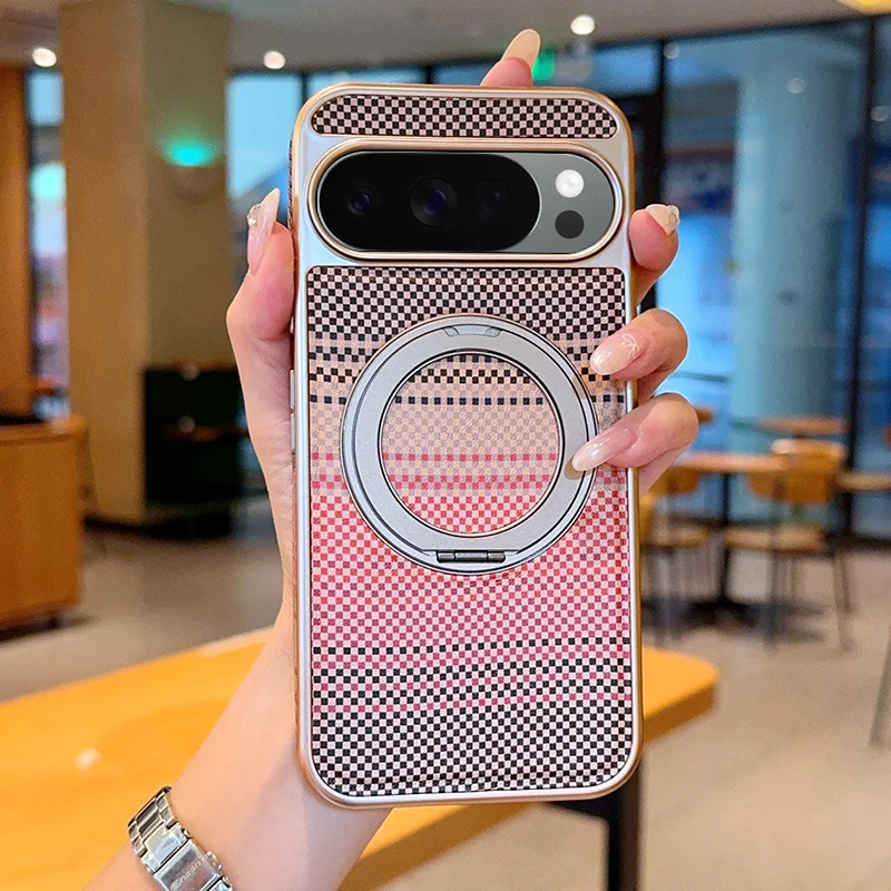 Luxury 360 Rotating Magnetic Kickstand Plaid Leather Phone Case for Google Pixel 10 Pro Xl 9a 8a Shockproof For Magsafe Cover