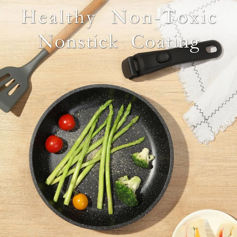 طقم مقالي سيراميك غير لاصقة مع أغطية ومقبض قابل للفصل، آمنة للبيض والعجة، مقالي مطبخ مثالية للطهي #4