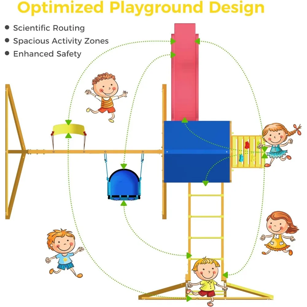 مجموعة لعب خشبية مع شريحة مموجة، مجموعة ملعب مع قضبان قرد للأطفال، مجموعة لعب خارجية مع أرجوحة للأطفال الصغار، مجموعة أرجوحة في الفناء الخلفي #6