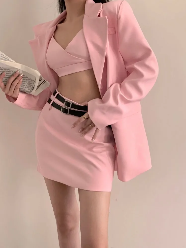 Insozkdg Elegant Slimming Skirt Suits Women's Suit Jacket Camisole Double Belt Hip Skirt Spring Autumn Blazer Three-piece Sets