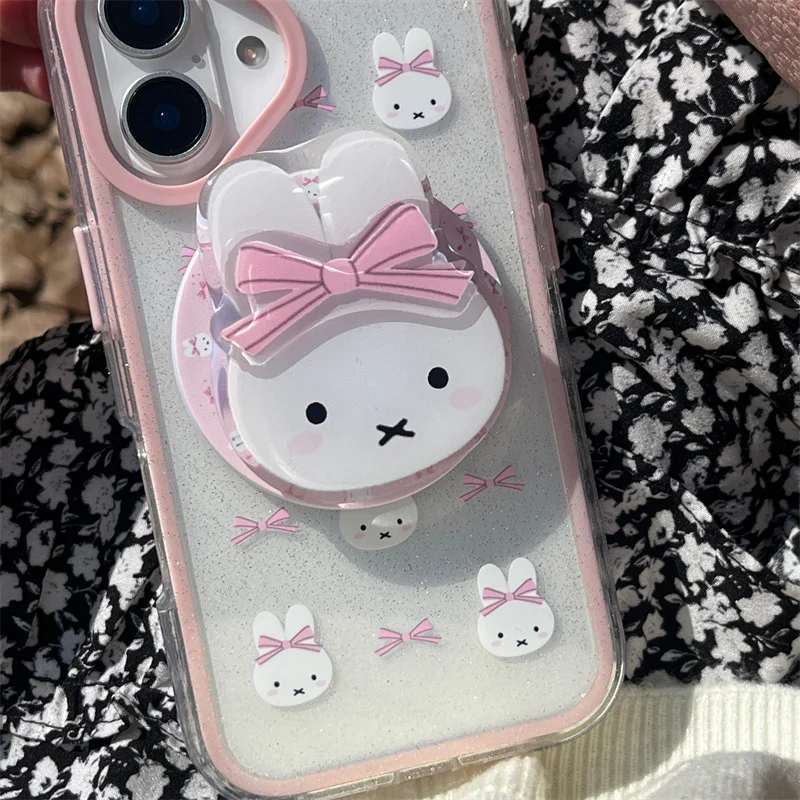 Cartoon Cute Rabbit Glitter Magsafe Wireless Charge Phone Case For iPhone 13 14 15 16 Pro Max Pink Bow Rabbit Magnetic Holder